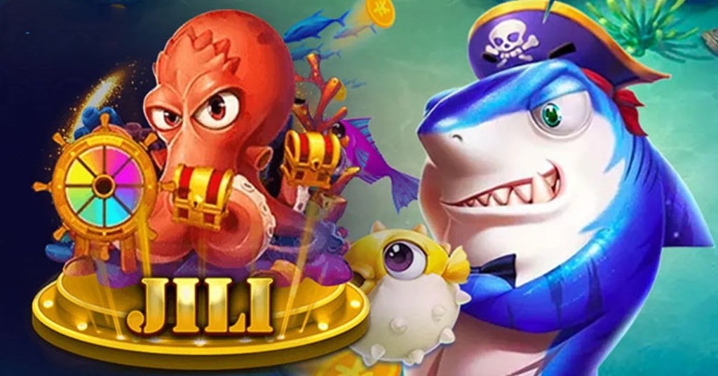 Promotional artwork for JILI fishing games featuring a pirate shark, an octopus with a treasure chest, and a pufferfish underwater with JILI in gold lettering.