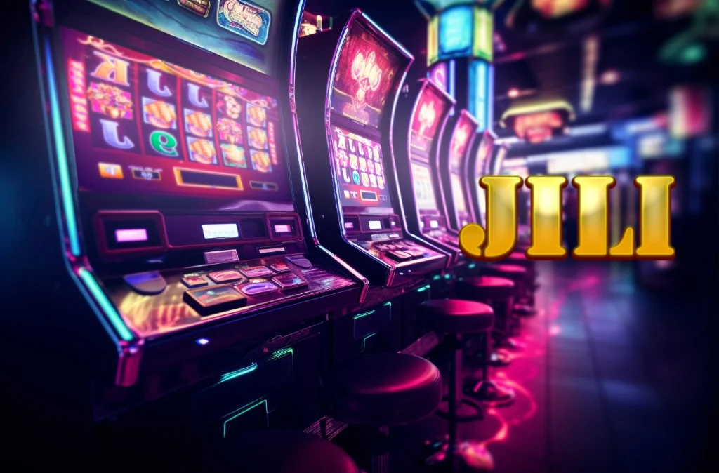 Neon-lit casino floor with glowing slot machines and JILI in bold gold lettering