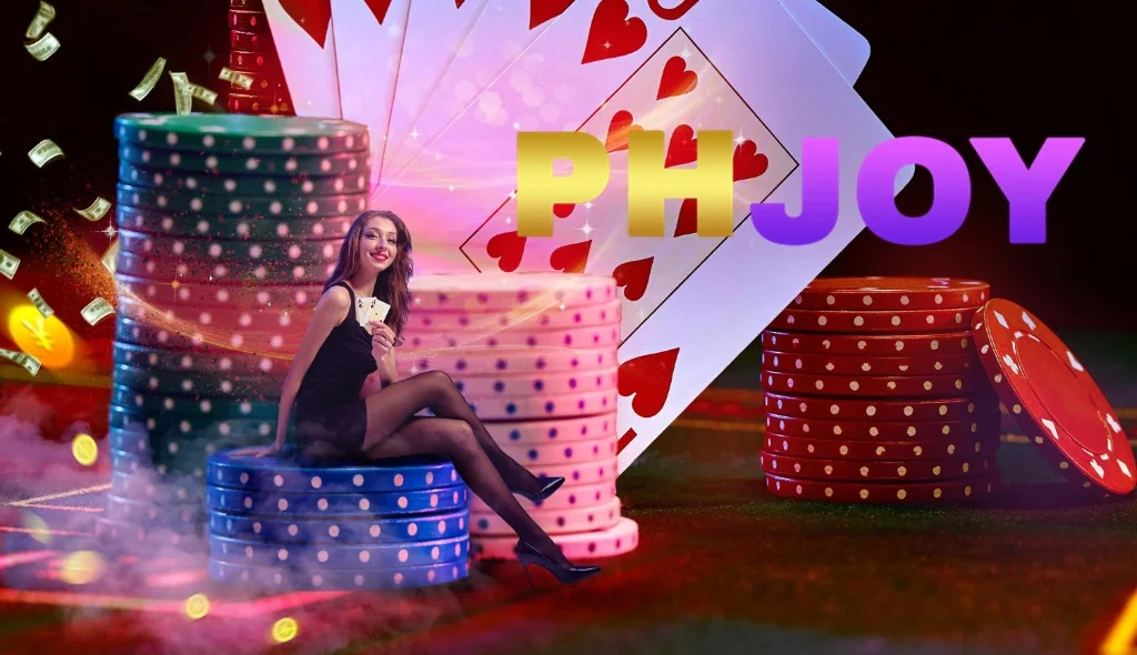 PHJoy promotional banner with logo, casino chips, playing cards, and flying coins — featured image for the account guide