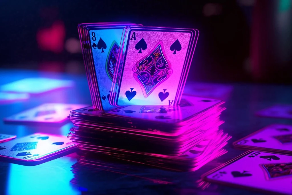 A stylized, neon-lit stack of playing cards featuring the Ace of Spades, illuminated in vibrant magenta and blue light—hero image for the PHJoy Filipino card games guide.
