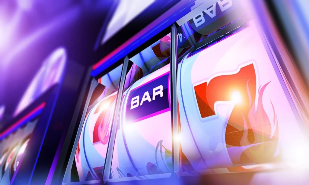 Stylized slot machine reels with BAR symbols and a flaming red 7 — neon purple and blue lighting, featured image for the RTP and variance guide